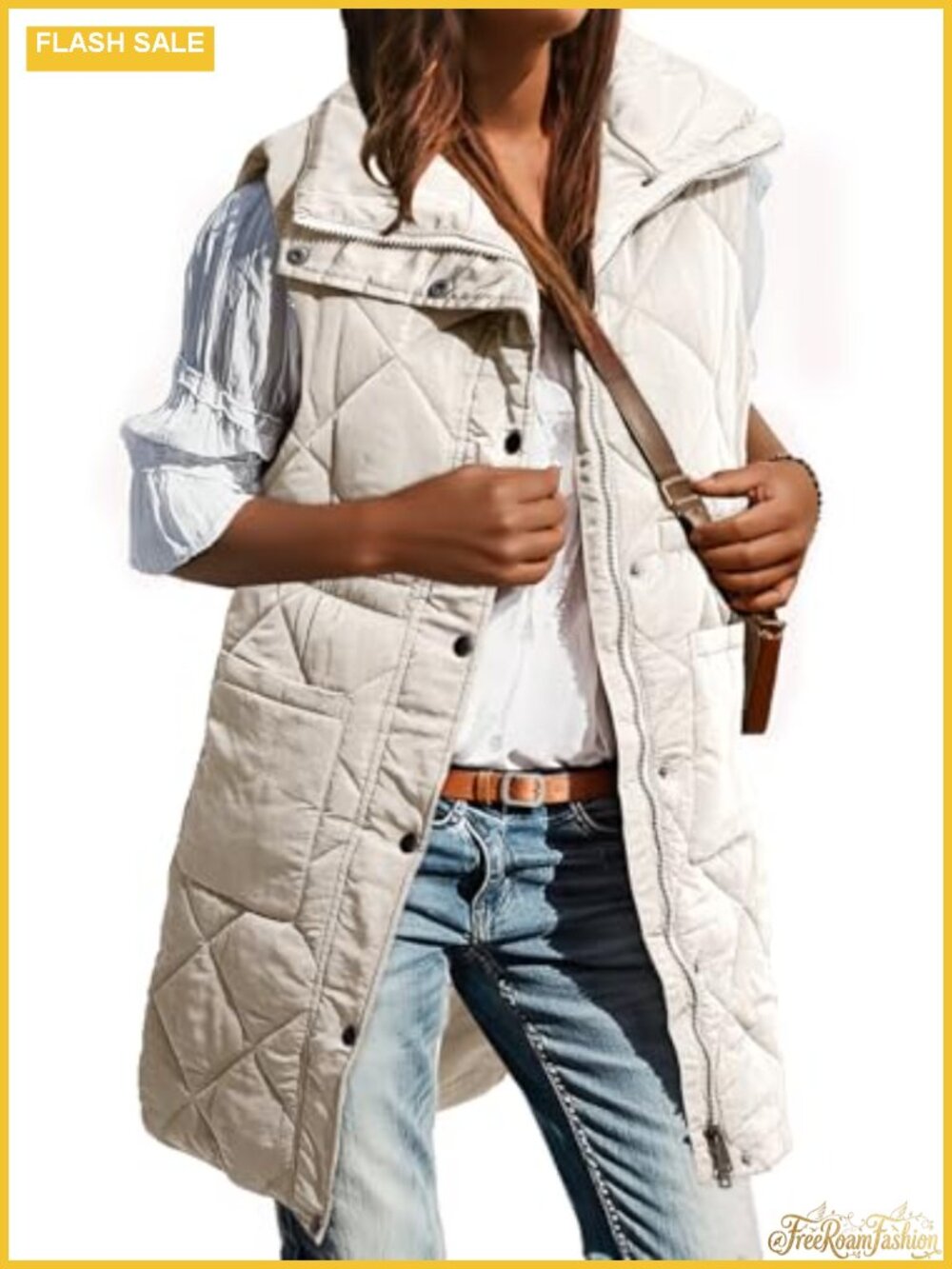 Women's Long Puffer Vest Quilted Sleeveless Snap Front Winter Coat with Pockets
